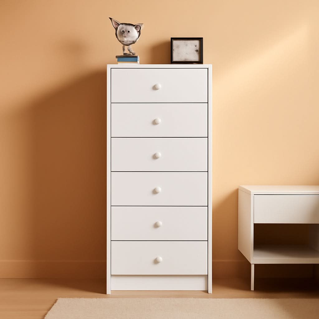 Astrid 6 Drawer Tall Chest in White Laminate for Bedroom Storage