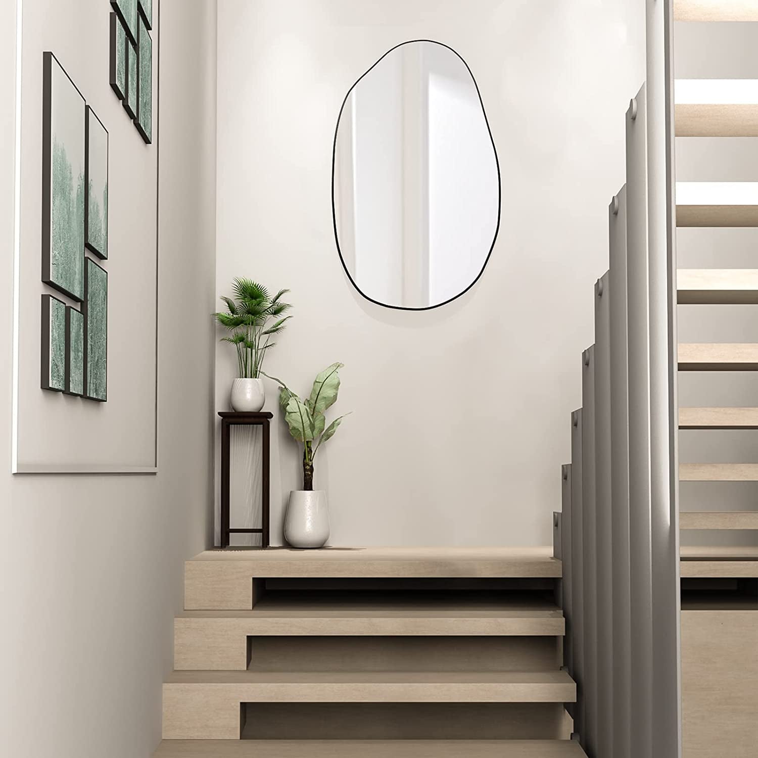 Asymmetrical Wood Framed Wall Mirror Large Living Room Decor