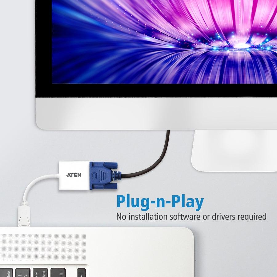 Aten DisplayPort to VGA Adapter - DisplayPort/VGA for Notebook, Video Device, TV - 1 Pack - 1 x DisplayPort Male Digital Audio/Video - 1 x HD-15 Female VGA - White VC925
