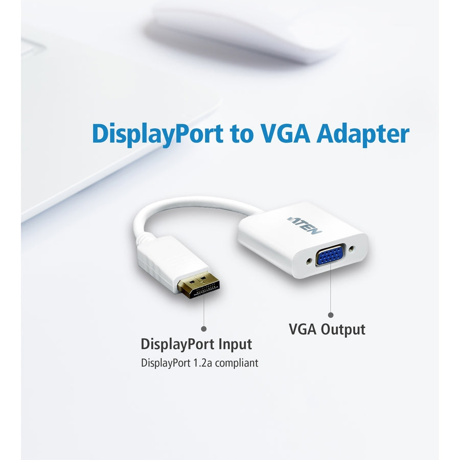 Aten DisplayPort to VGA Adapter - DisplayPort/VGA for Notebook, Video Device, TV - 1 Pack - 1 x DisplayPort Male Digital Audio/Video - 1 x HD-15 Female VGA - White VC925