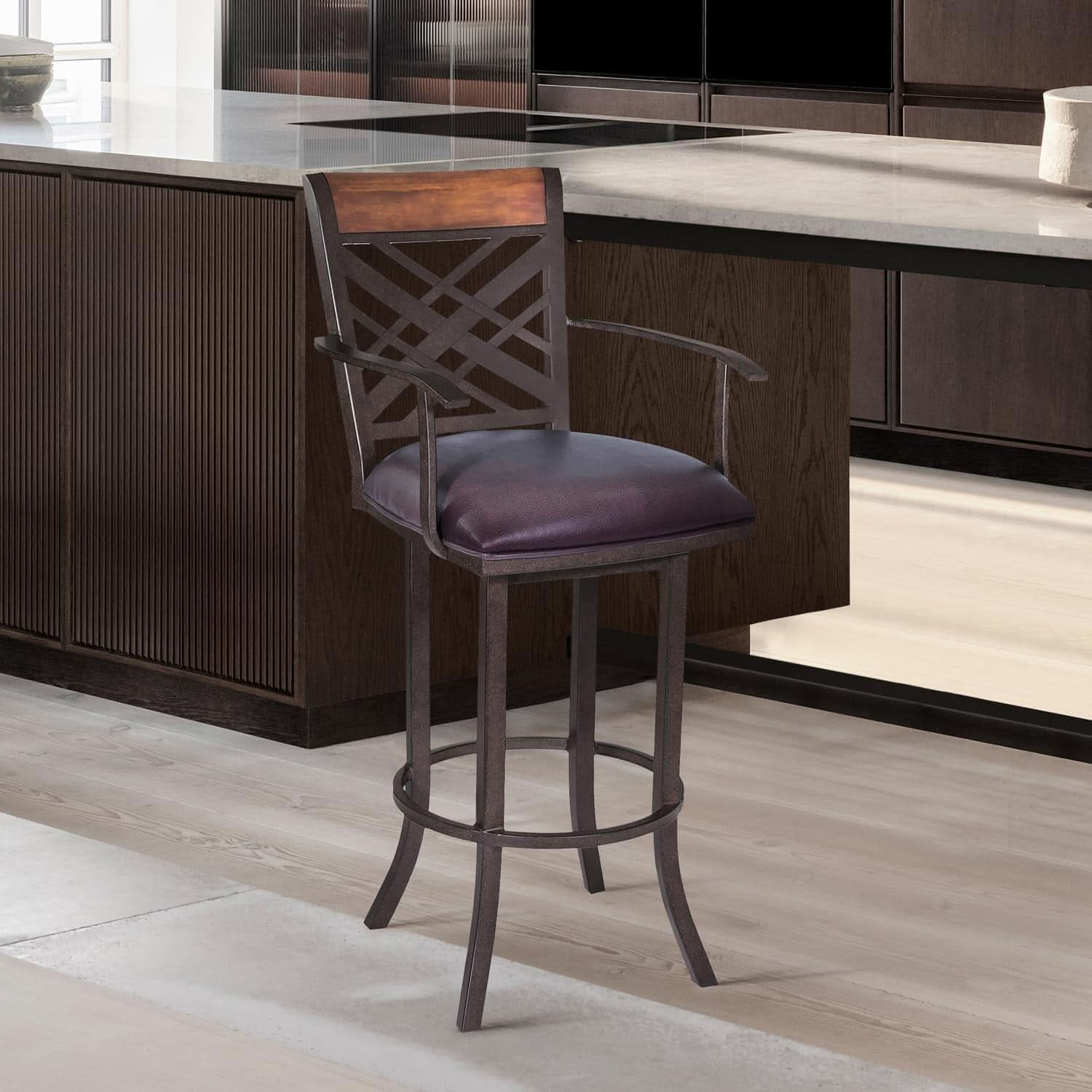 Auburn Bay Swivel Arm Barstool with Brown Upholstery