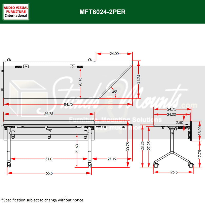 Audio Visual Furniture Modular Folding Table (2 Person, End Right) MFT6024-2PER