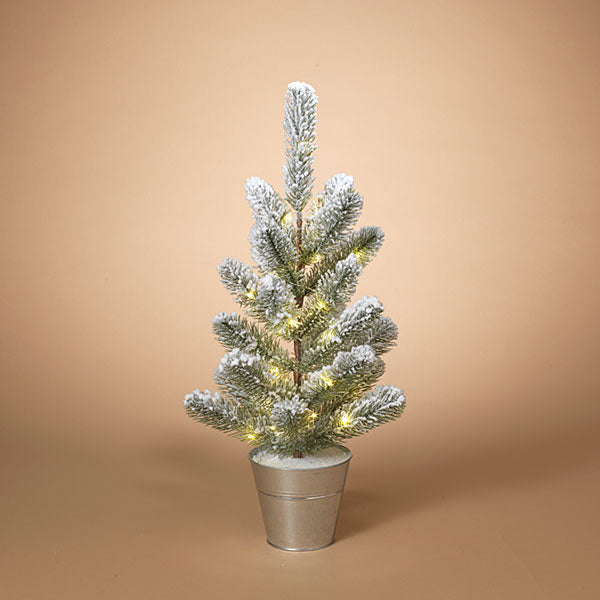 B/O Lighted Flocked Pine Tree in Metal Bucket