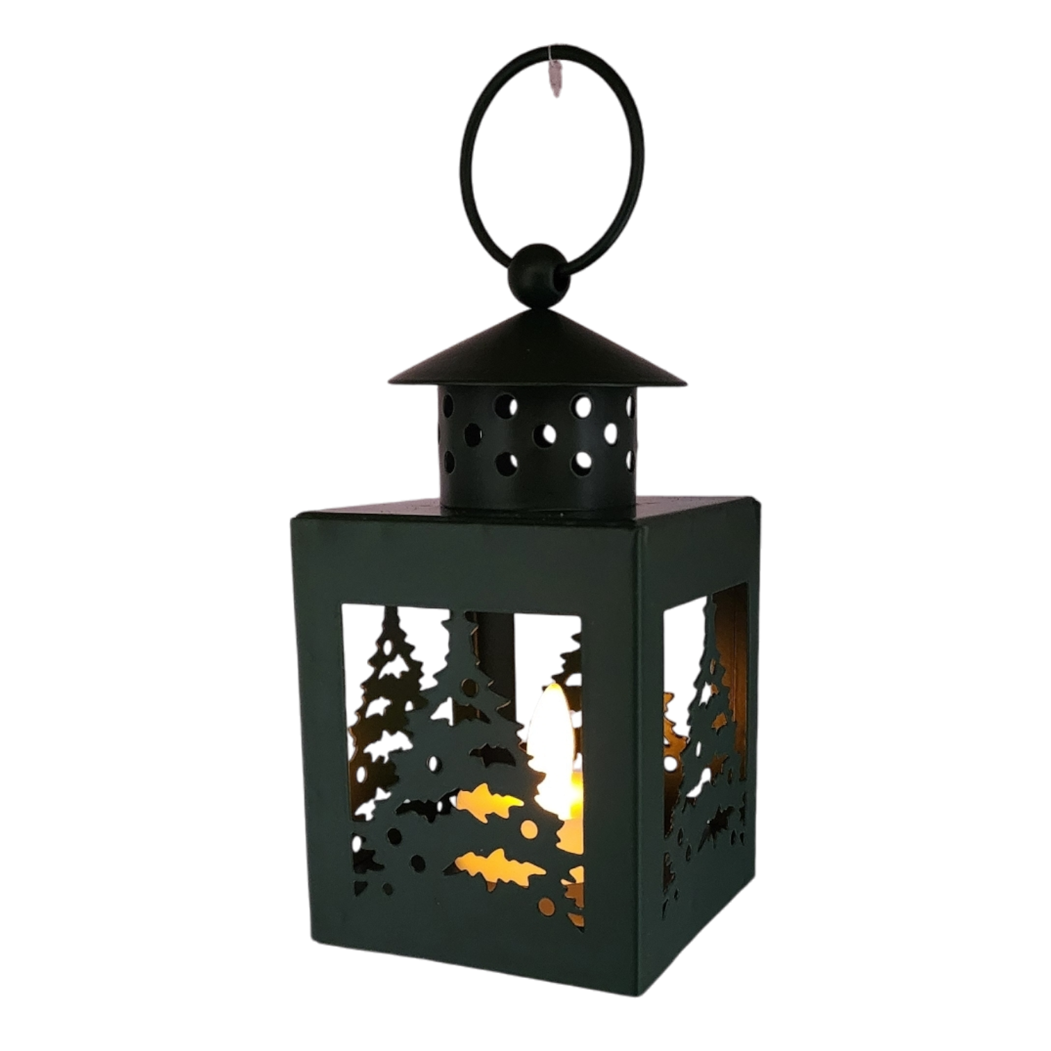 B/O Lighted Metal Holiday Lantern with LED Tealight - Green