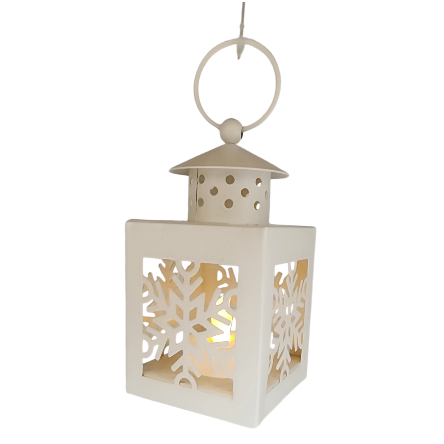 B/O Lighted Metal Holiday Lantern with LED Tealight - White