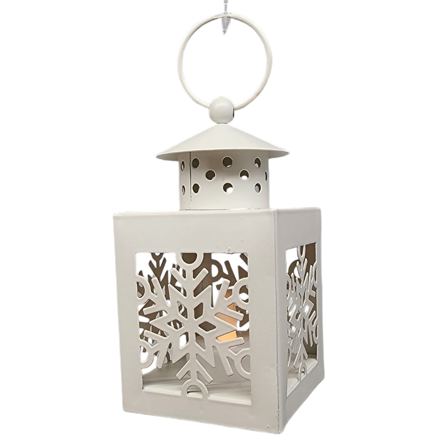 B/O Lighted Metal Holiday Lantern with LED Tealight - White