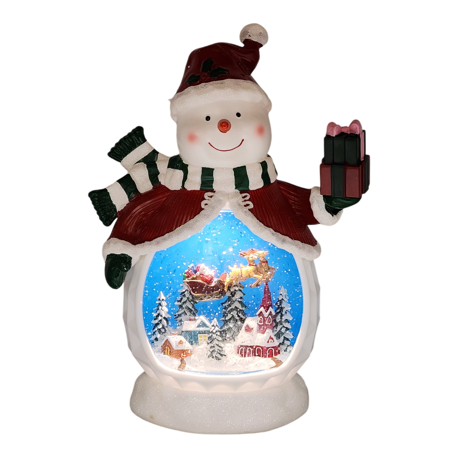 B/O Lighted Musical Spinning Water Globe Snowman with Holiday Scene Red Coat