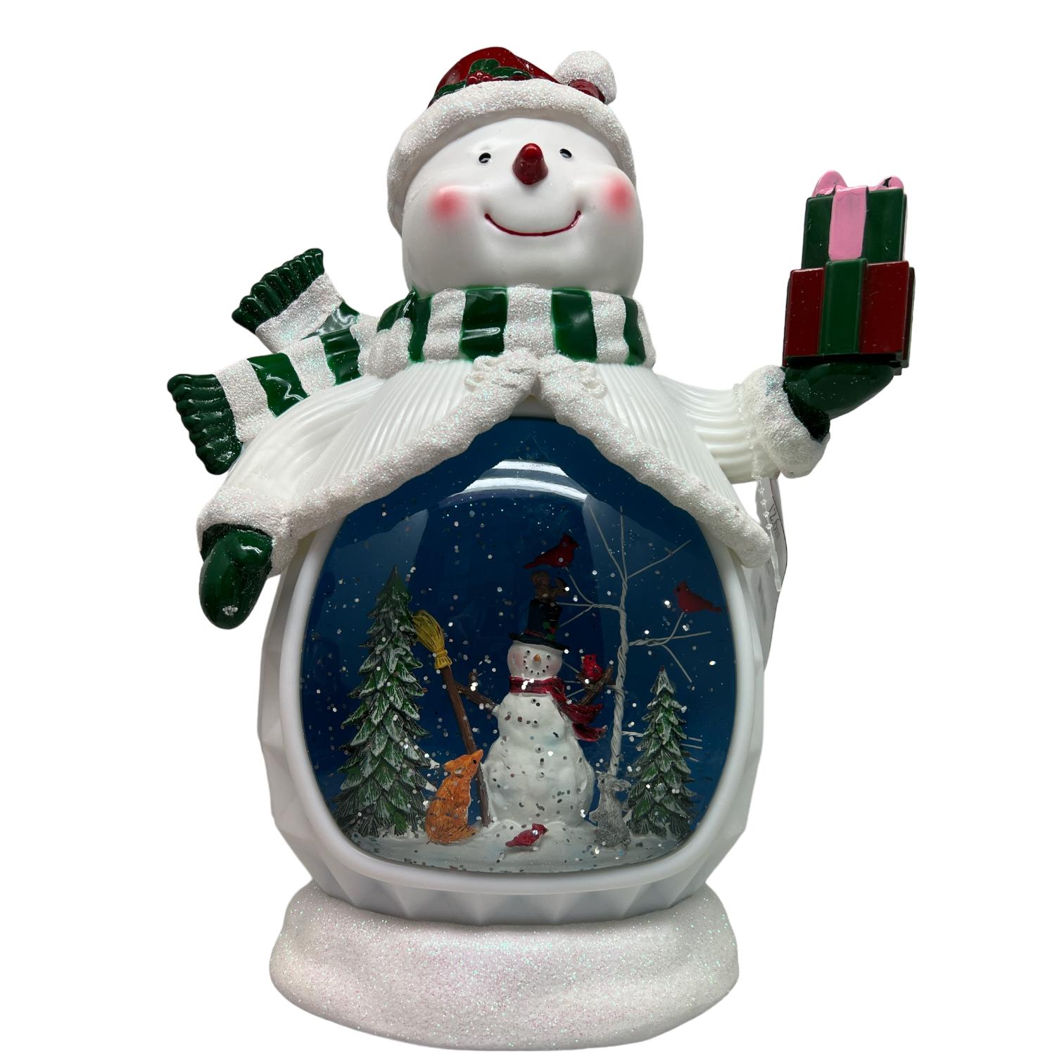 B/O Lighted Musical Spinning Water Globe Snowman with Holiday Scene White Coat