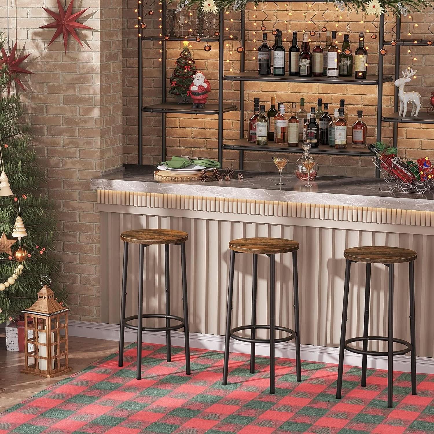 Bar Height Stools Set Of 2 With Footrest Rustic Brown