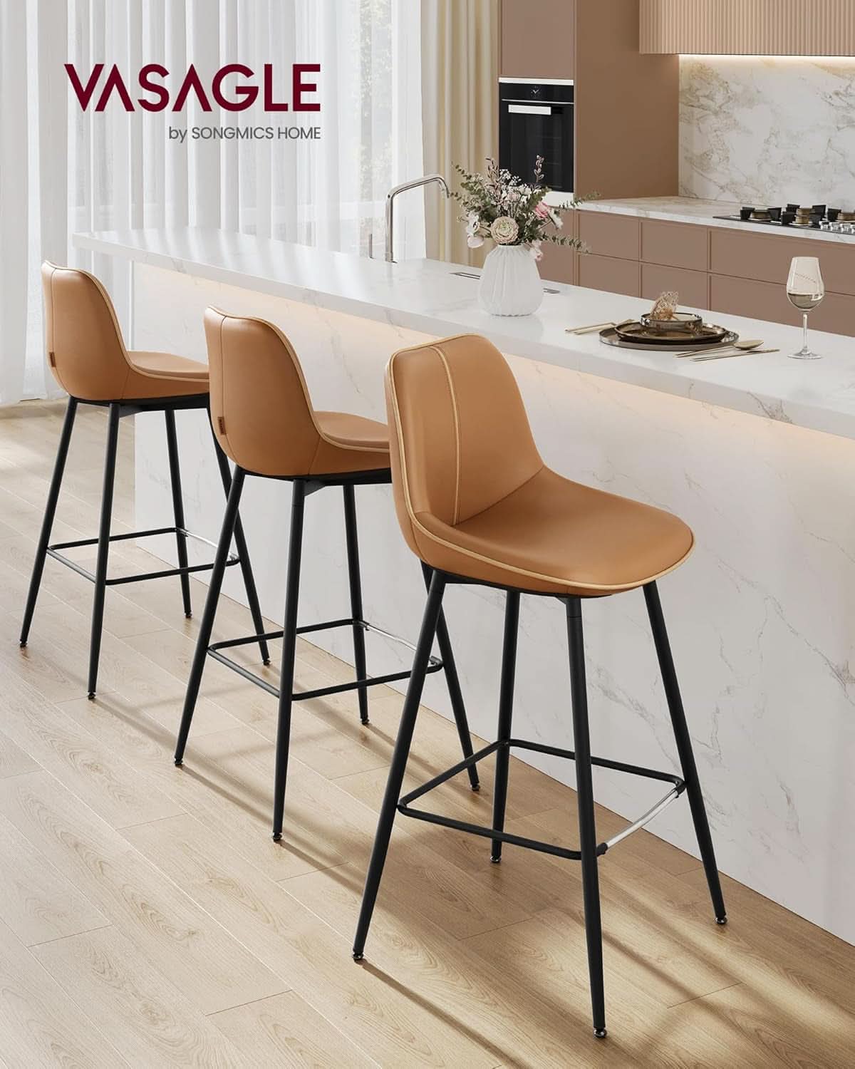 Bar Stool Set Of 2 Caramel Brown Ergonomic Backrest
