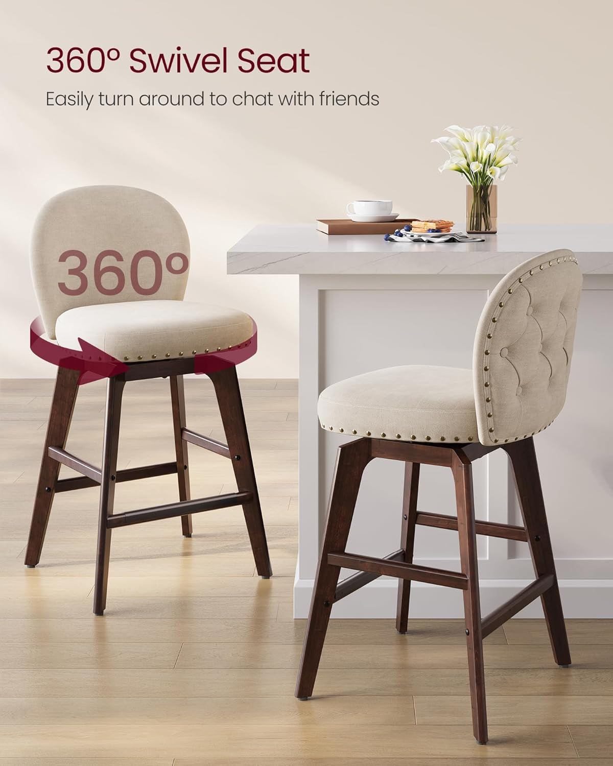 Bar Stool Set Of 4 Swivel Counter Height Cappuccino Beige