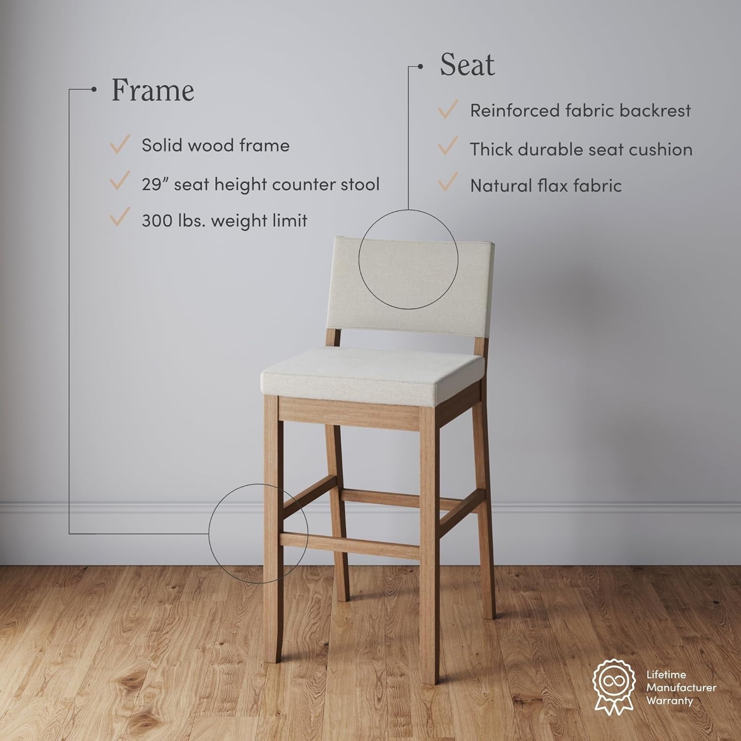 Bar Stool With Back Upholstered In Natural Flax Fabric