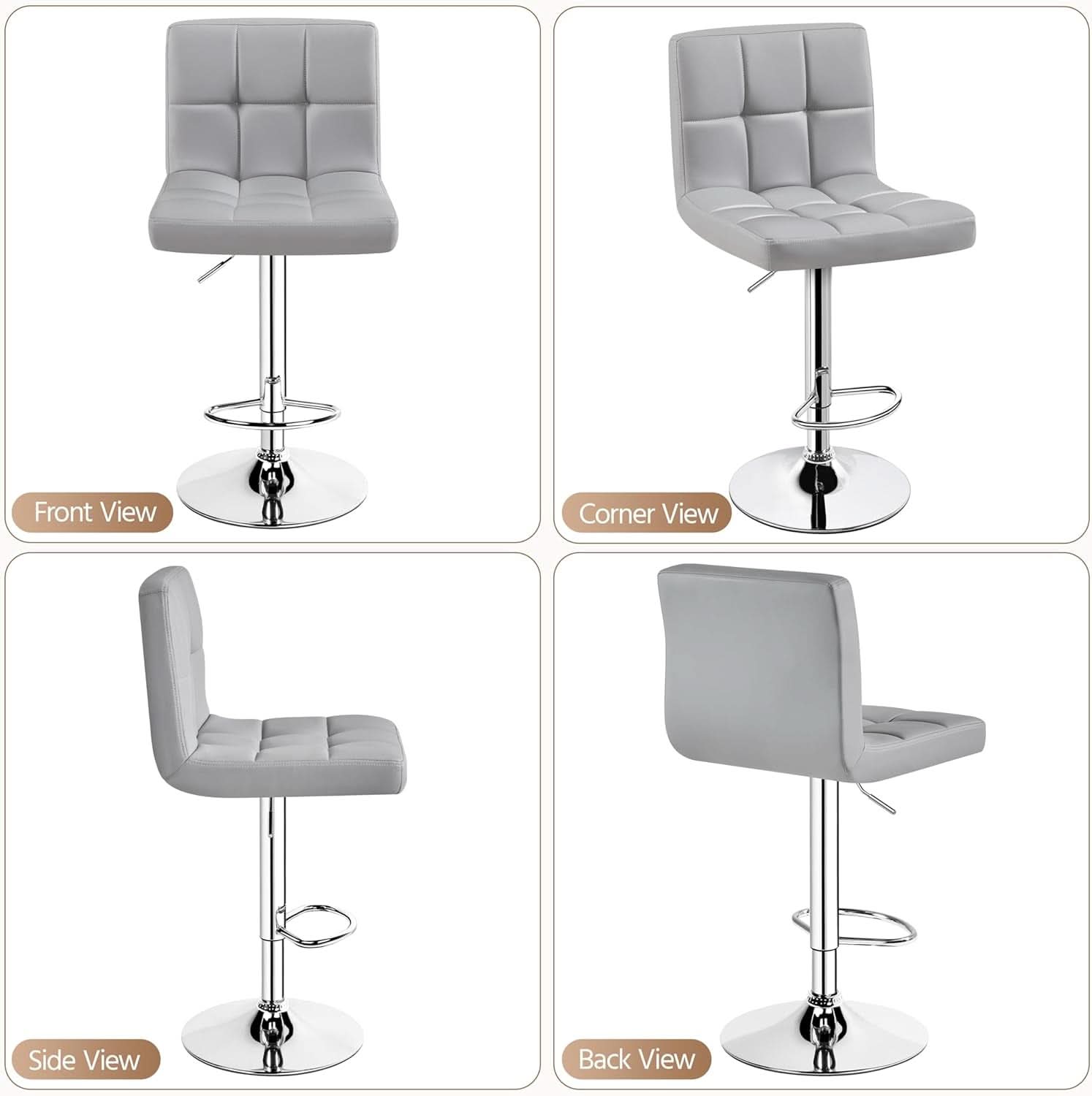 Bar Stools 2 Pack Adjustable Gray PU Leather Counter Height