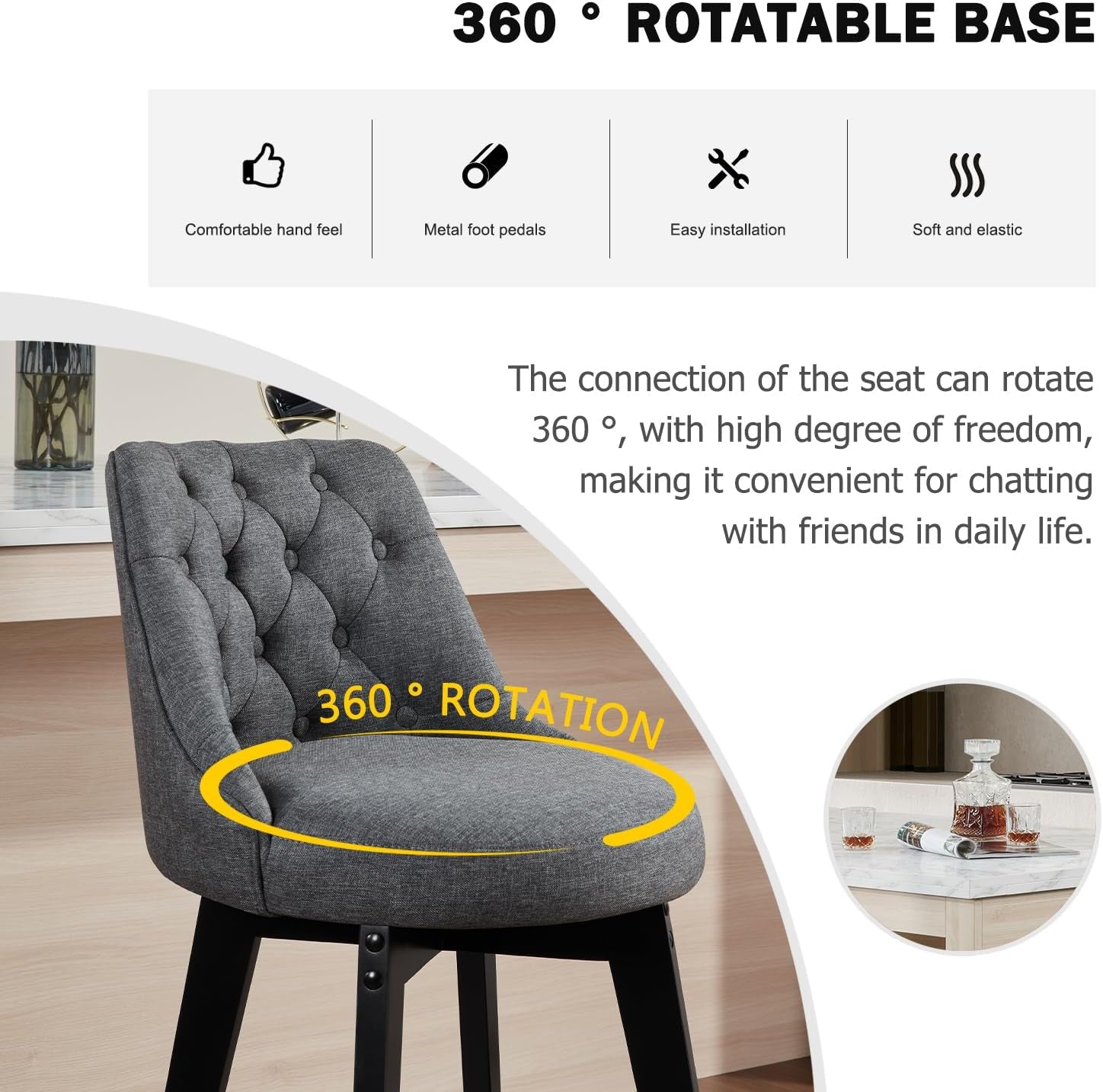 Bar Stools Set Of 2 27 Inch Grey Linen Upholstered Swivel With Back