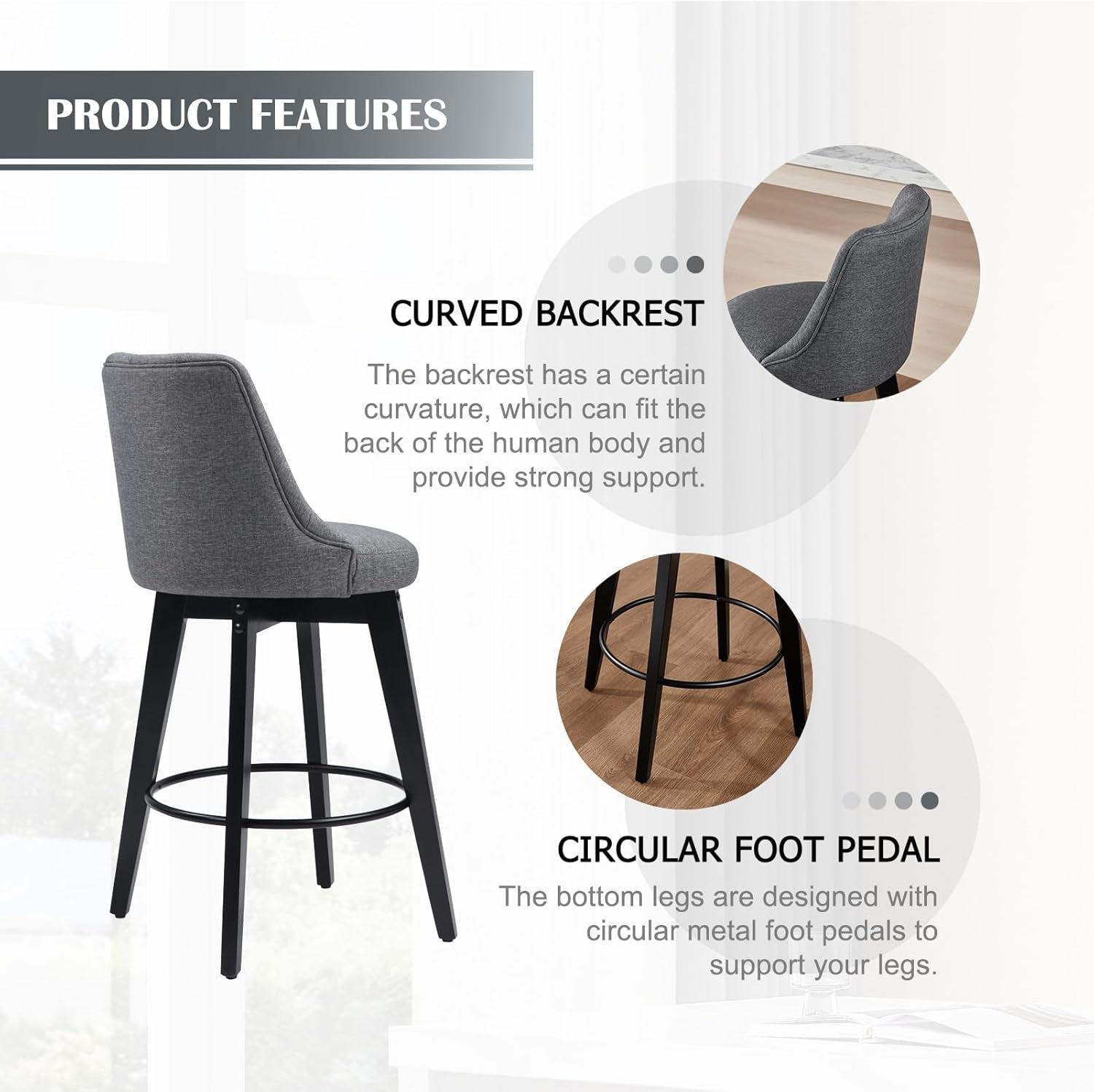 Bar Stools Set Of 2 27 Inch Grey Linen Upholstered Swivel With Back