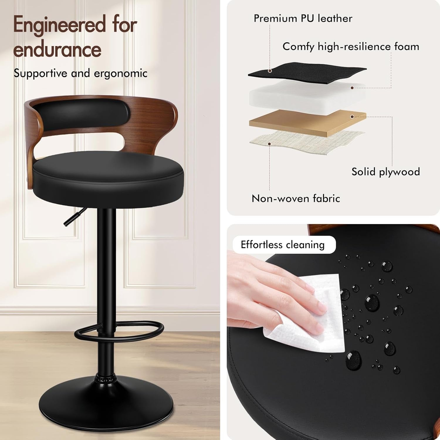 Bar Stools Set Of 2 Adjustable Swivel Black And Brown