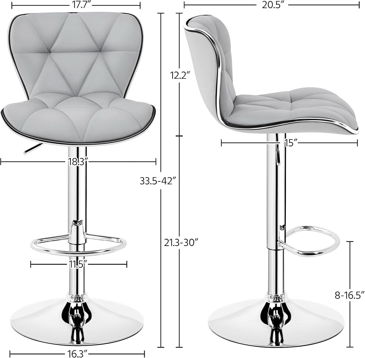 Bar Stools Set Of 2 Adjustable Swivel PU Leather Light Grey