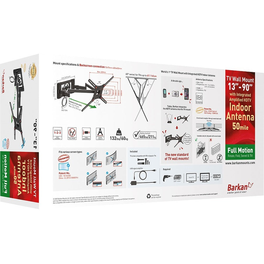Barkan Full-Motion Wall Mount for TV, Flat Panel Display, Curved Screen Display - Black TVA48
