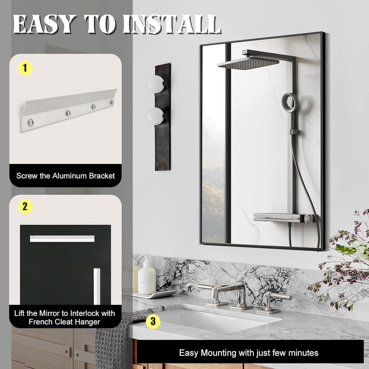 Bathroom Wall Mirror 24x36 Inch Black Stainless Steel Frame