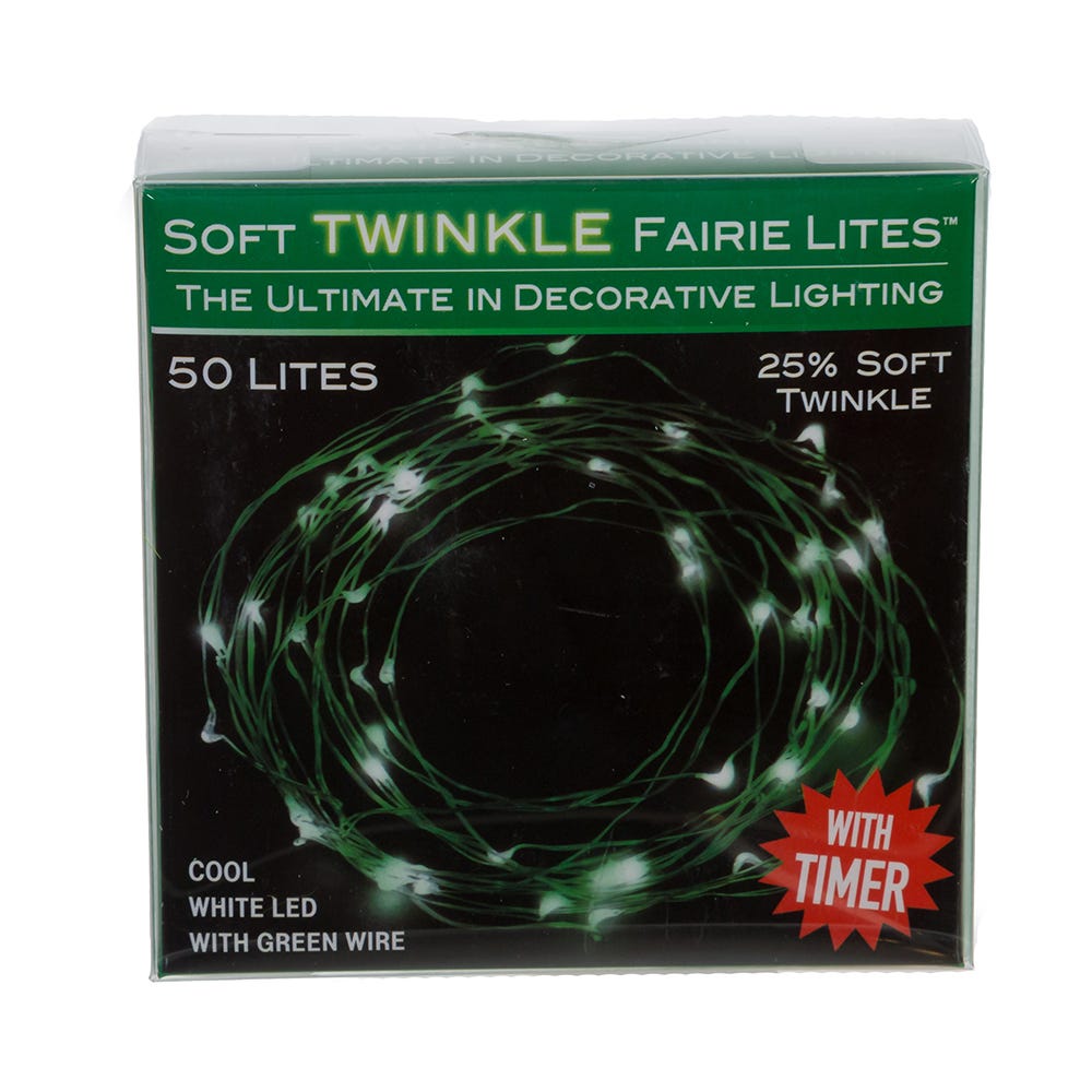 Battery Operated 50-Light Cool White Soft Twinkle Fairy LED Green Wire Light Set