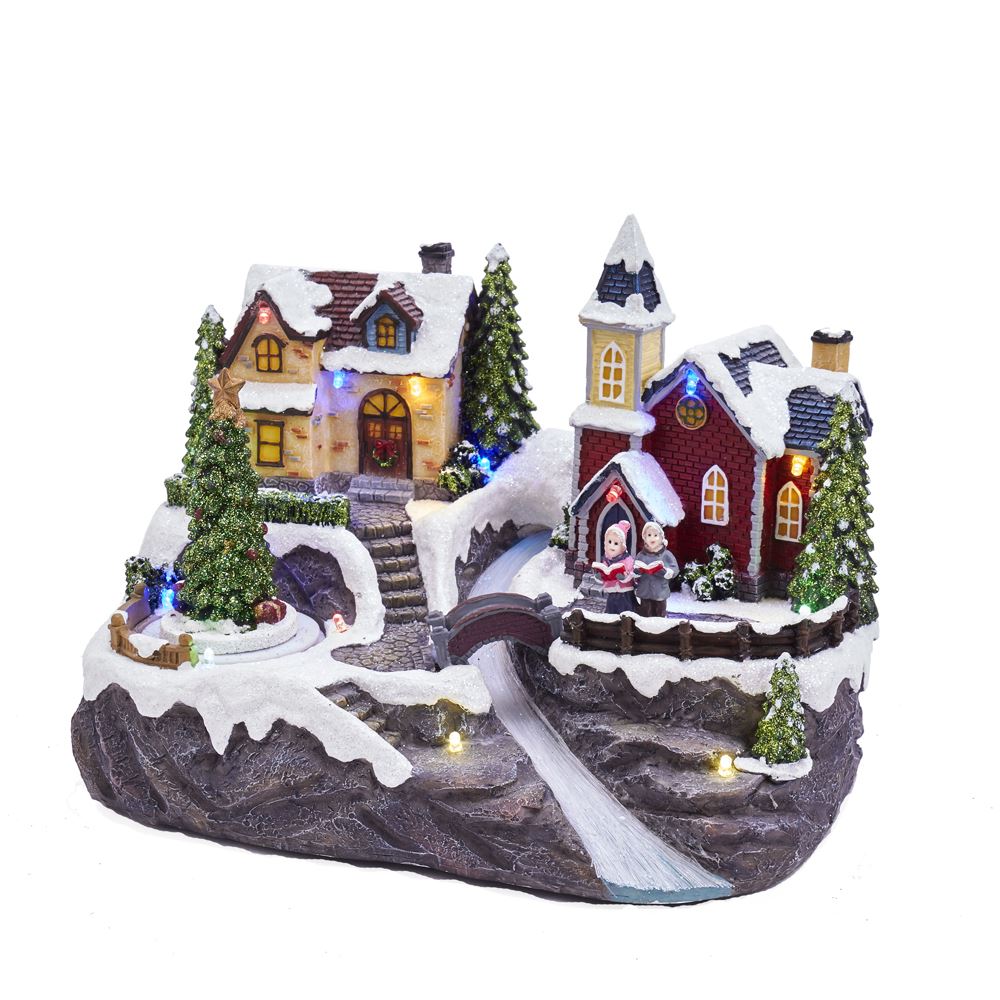 Battery-Operated LED Village With Turning Christmas Tree