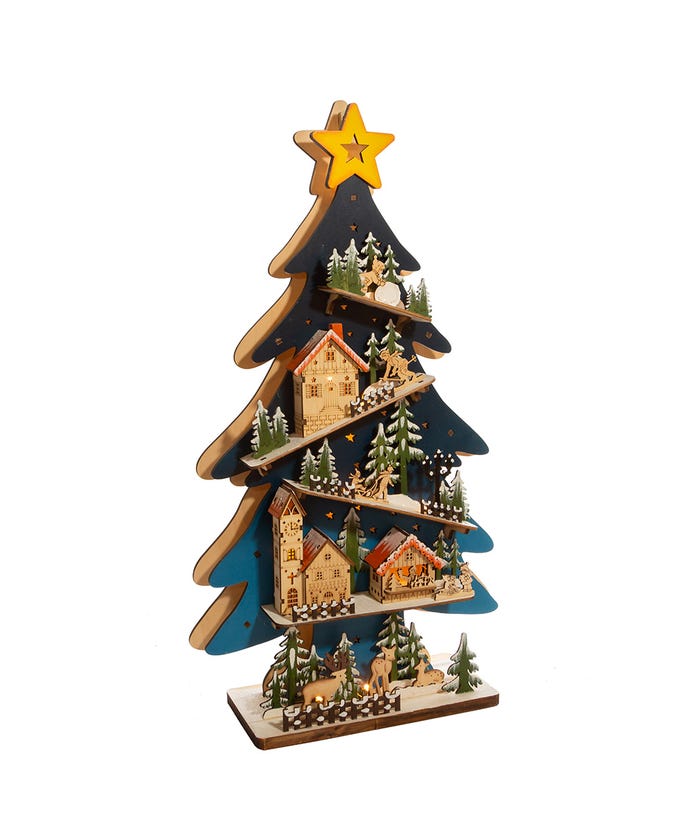 Battery-Operated Light-Up LED Wooden Christmas Tree With Village Scene