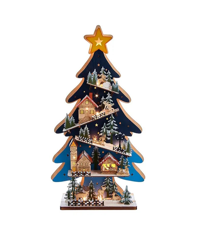 Battery-Operated Light-Up LED Wooden Christmas Tree With Village Scene