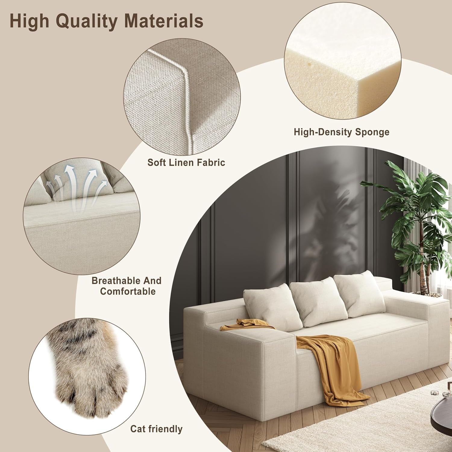 Beige 3 Seater Sofa Modern Living Room Furniture Premium