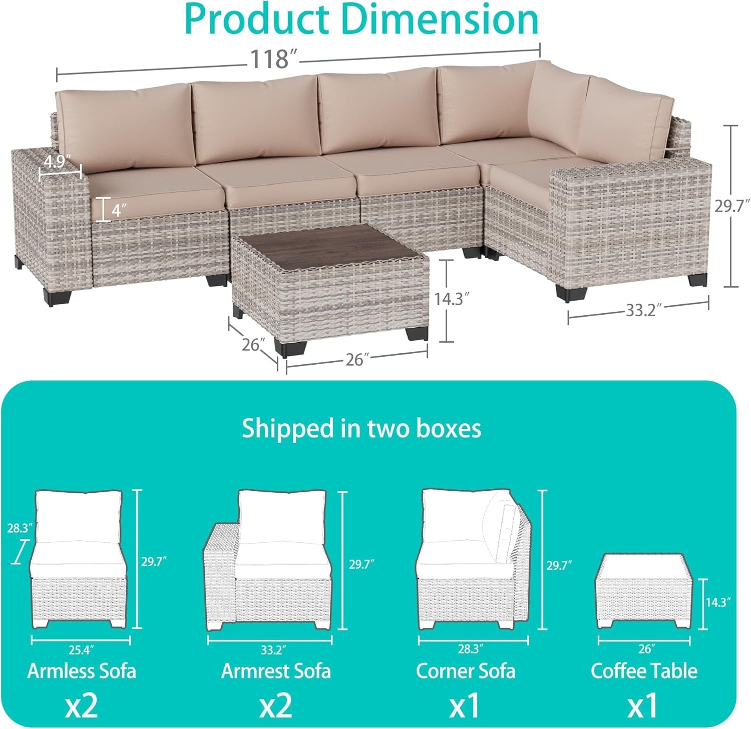 Beige 6 Piece Wicker Patio Sofa Set With Thick Cushions
