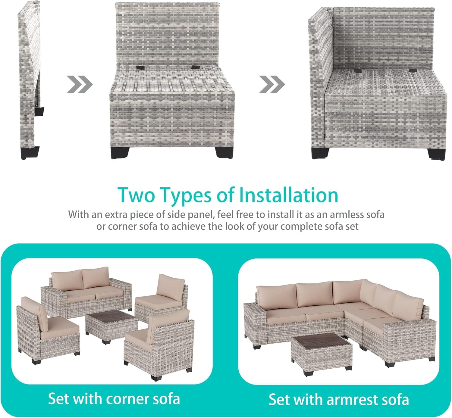 Beige 6 Piece Wicker Patio Sofa Set With Thick Cushions