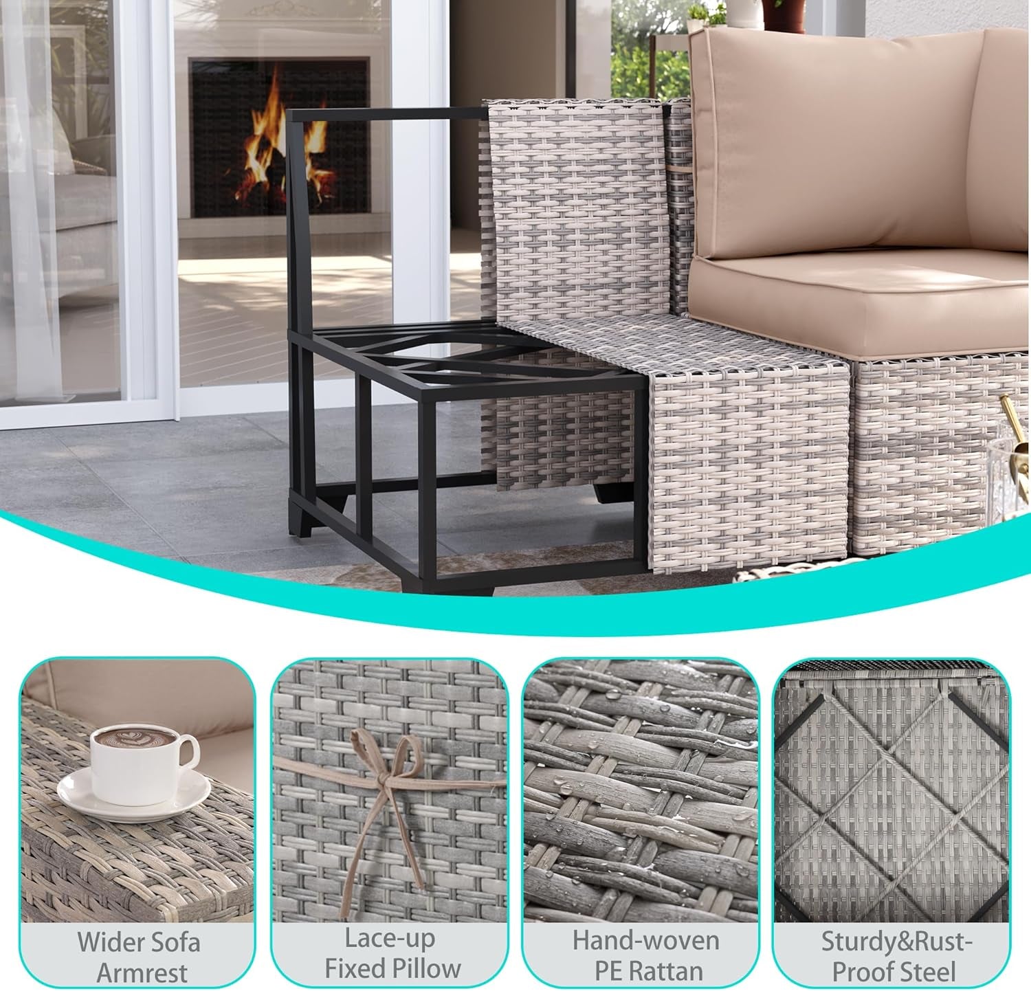 Beige 6 Piece Wicker Patio Sofa Set With Thick Cushions