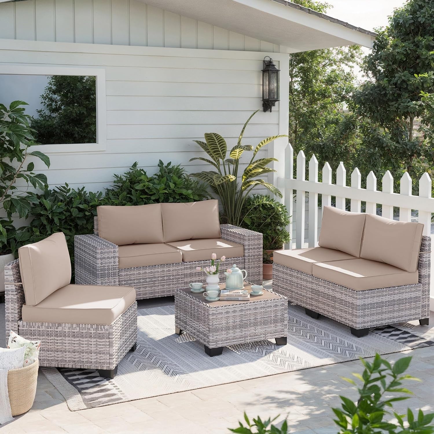 Beige 6 Piece Wicker Patio Sofa Set With Thick Cushions