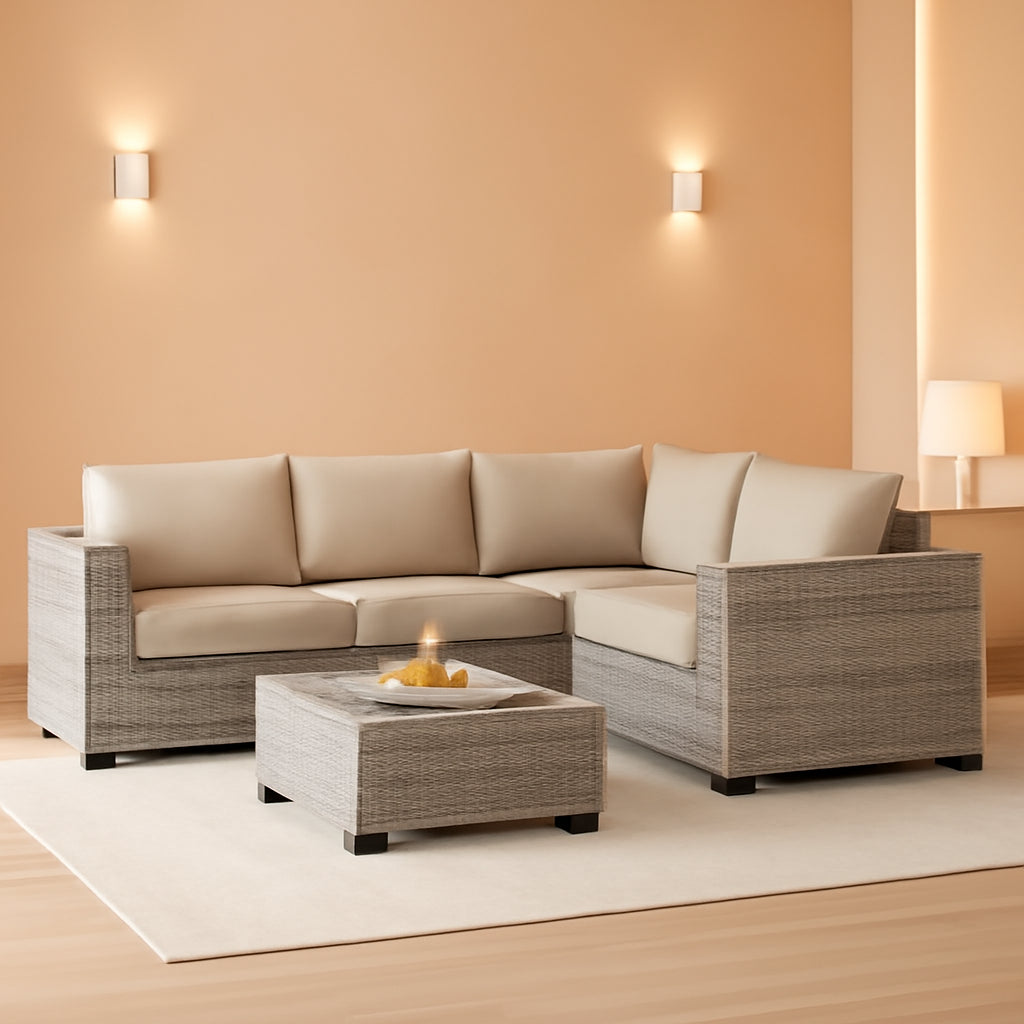 Beige 6 Piece Wicker Patio Sofa Set With Thick Cushions