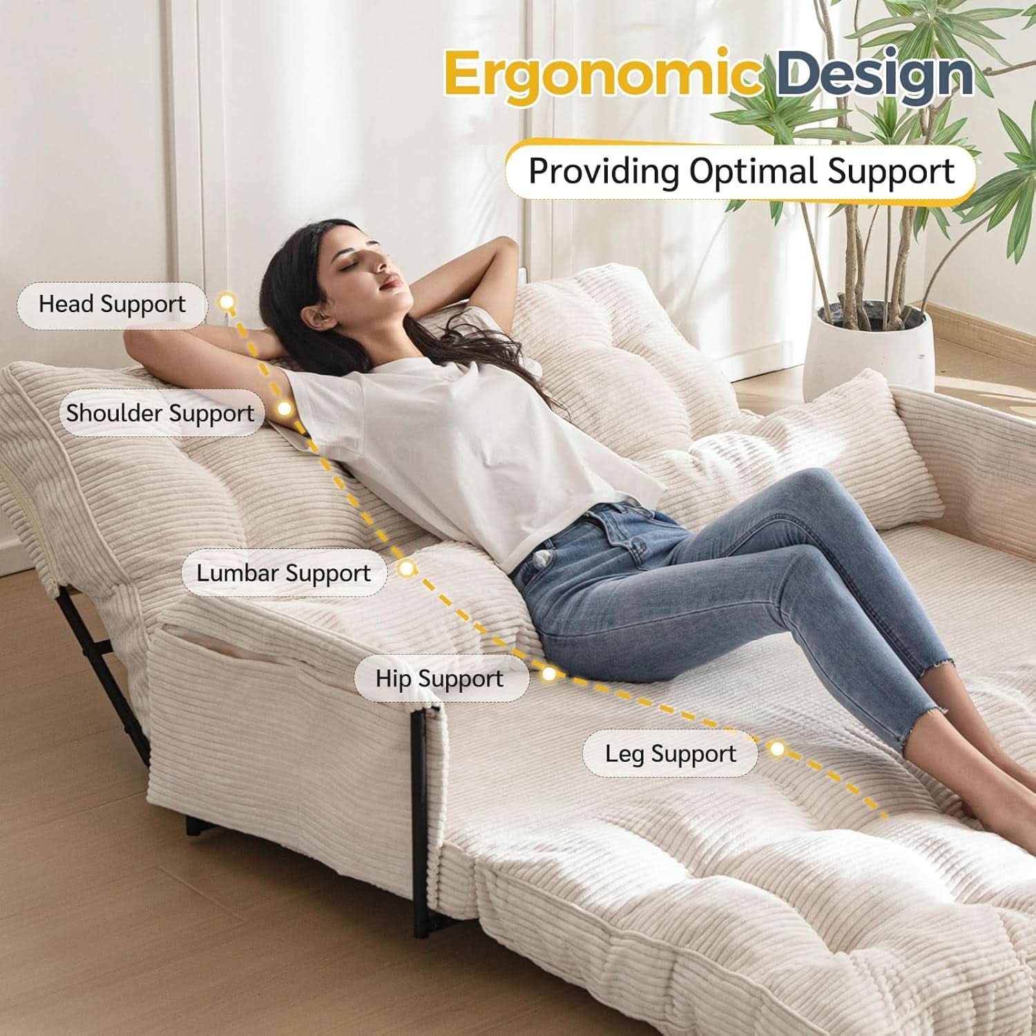 Beige Adjustable Floor Sofa Couch Foldable Sleeper