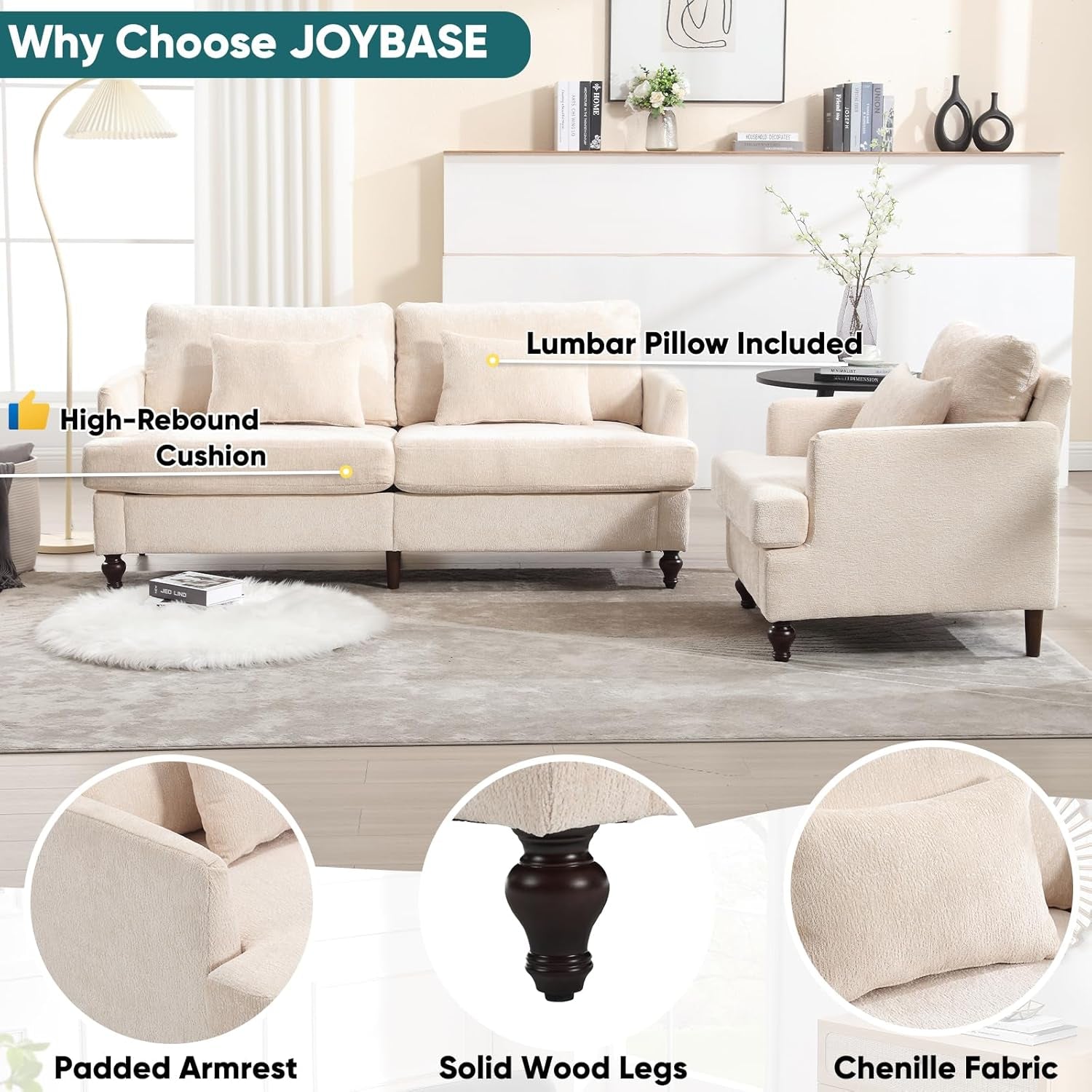 Beige Chenille 2 Piece Living Room Furniture Set Loveseat And Accent Chair Mid Century Modern