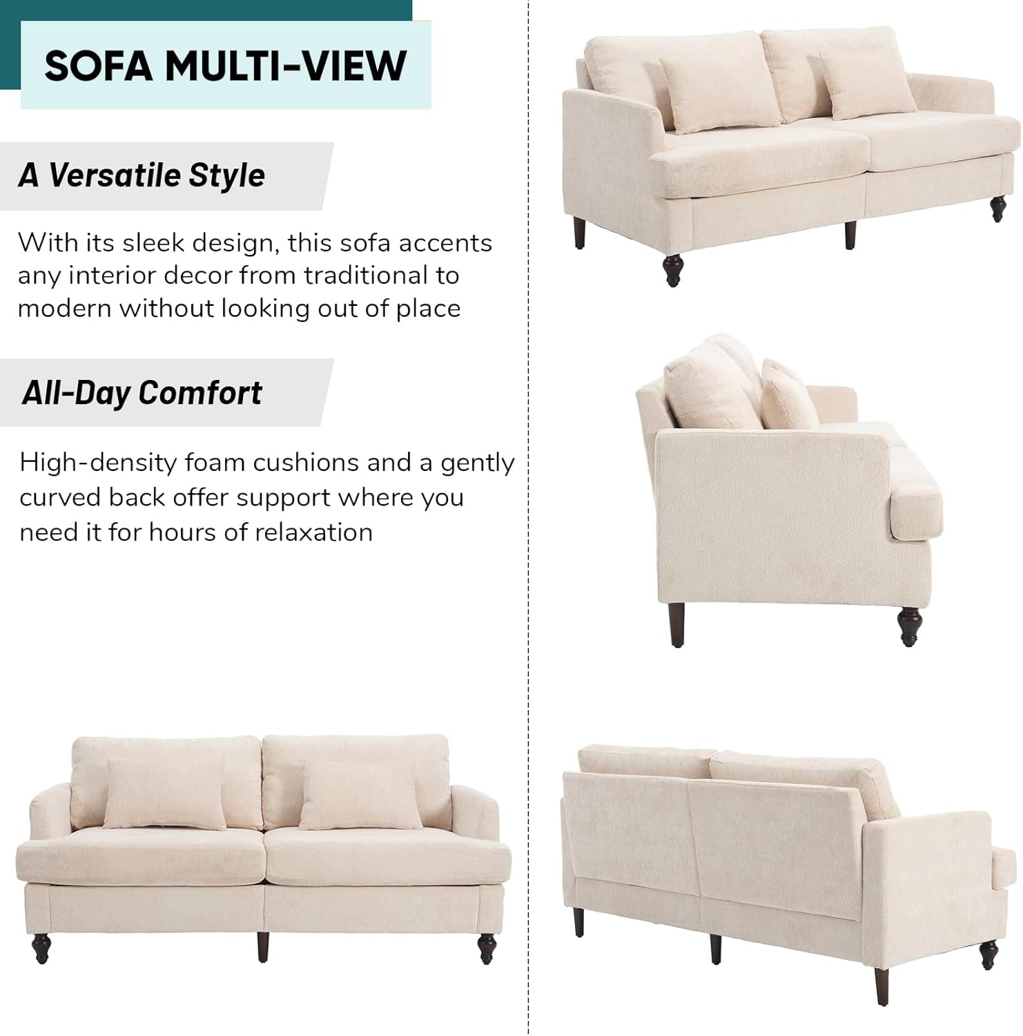 Beige Chenille 2 Piece Living Room Furniture Set Loveseat And Accent Chair Mid Century Modern