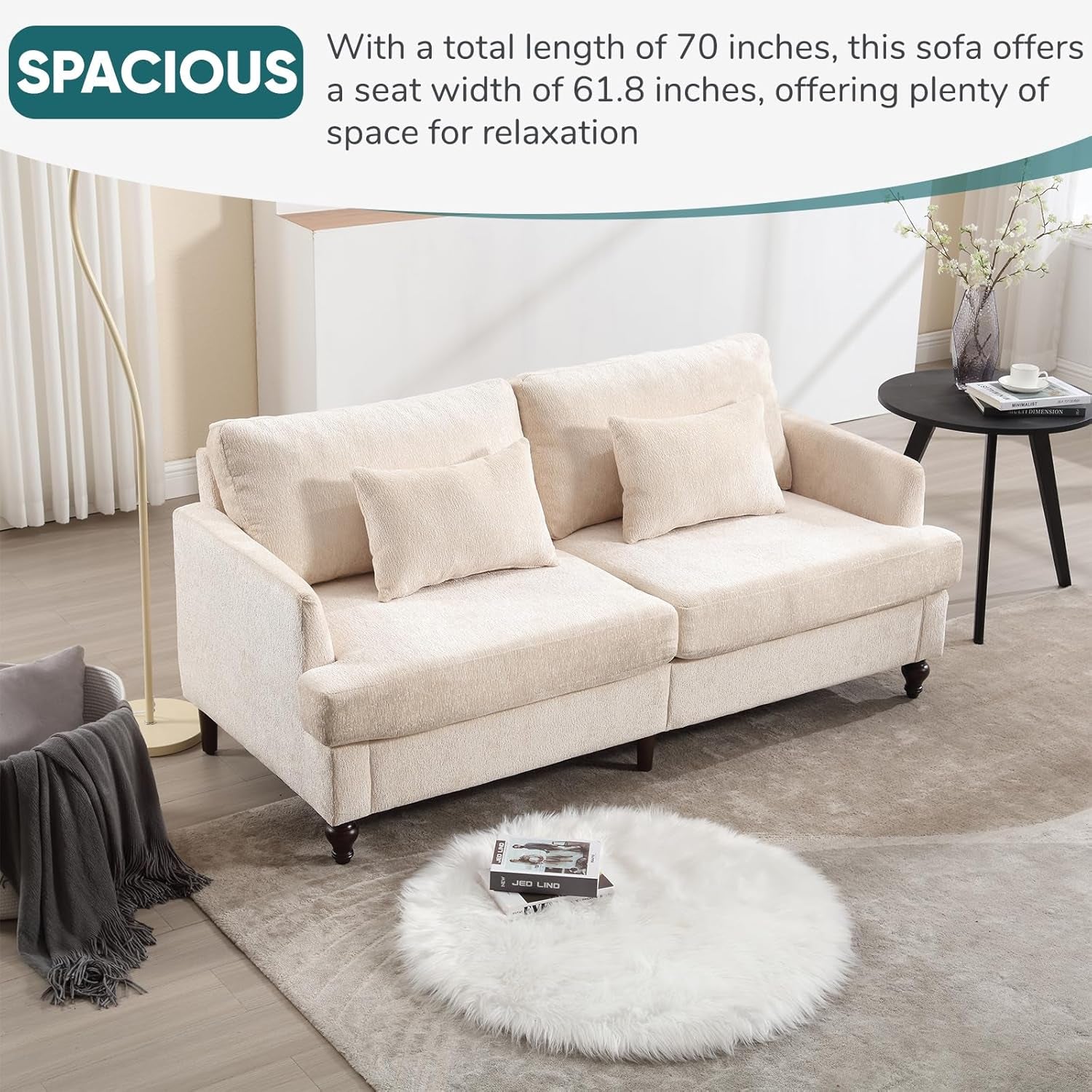 Beige Chenille 2 Piece Living Room Furniture Set Loveseat And Accent Chair Mid Century Modern