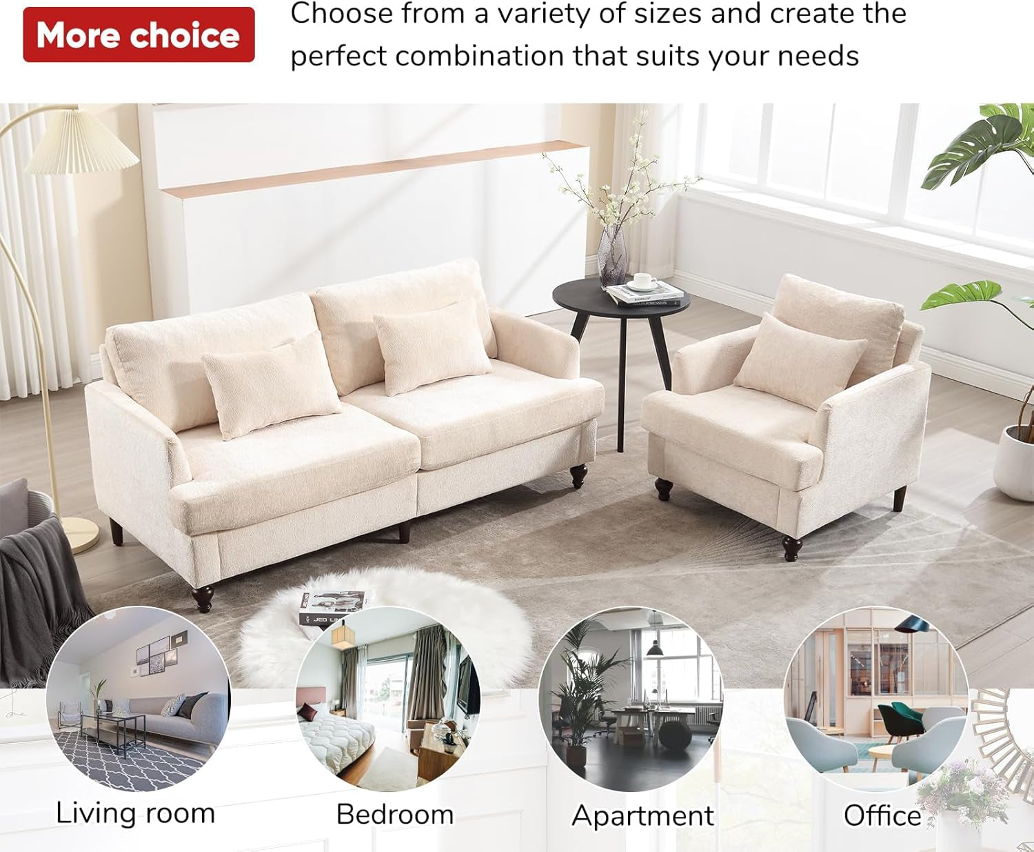 Beige Chenille 2 Piece Living Room Furniture Set Loveseat And Accent Chair Mid Century Modern