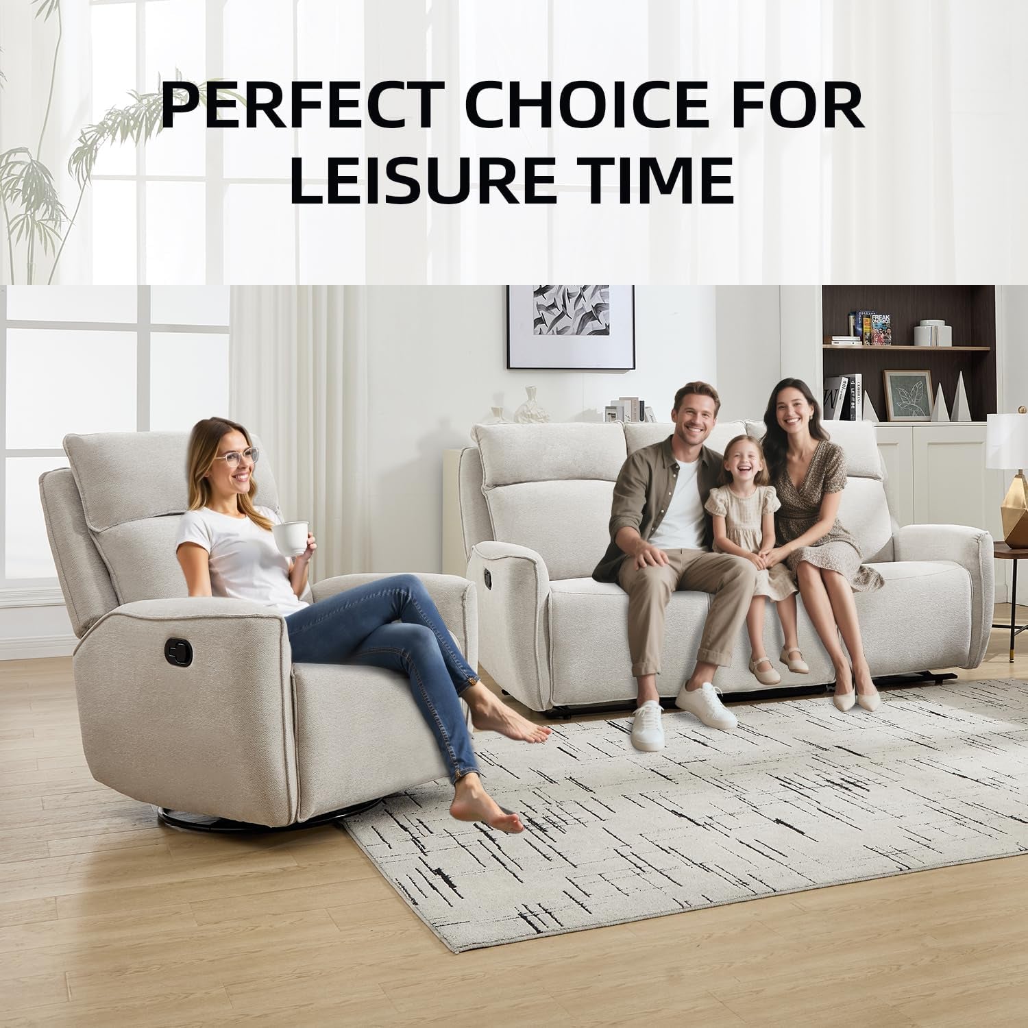 Beige Chenille Manual Recliner Sofa Set Three Seat