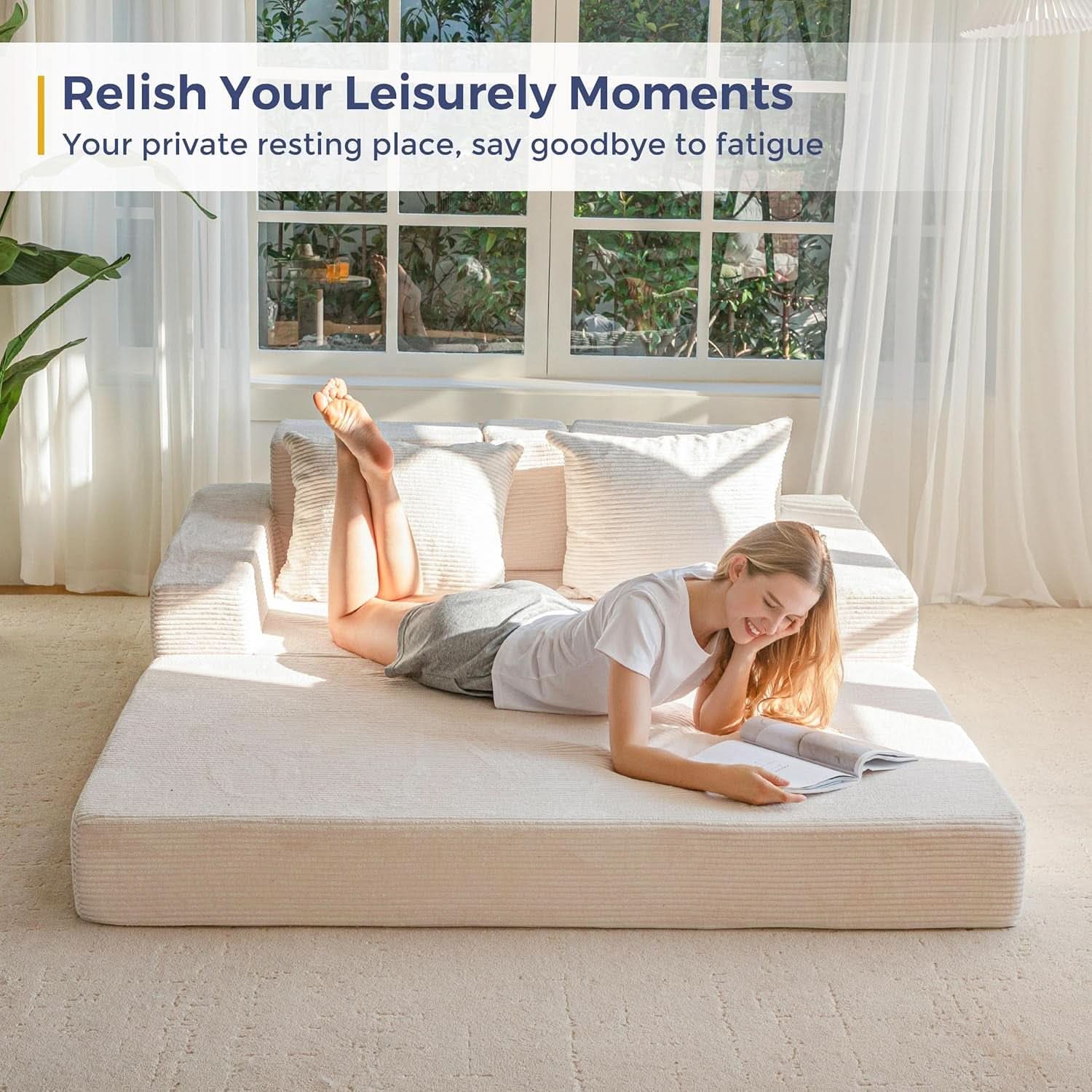 Beige Foldable Convertible Sleeper Sofa With CupHolders
