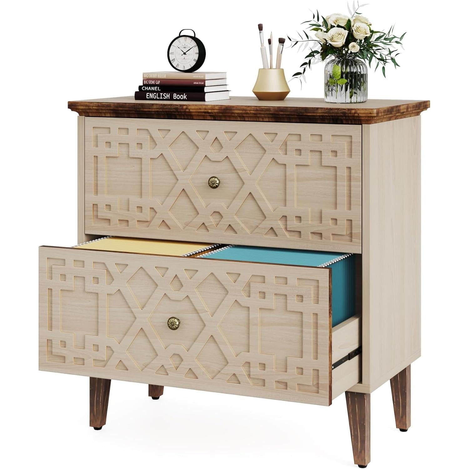 Beige Lateral File Cabinet With 2 Drawers For Office