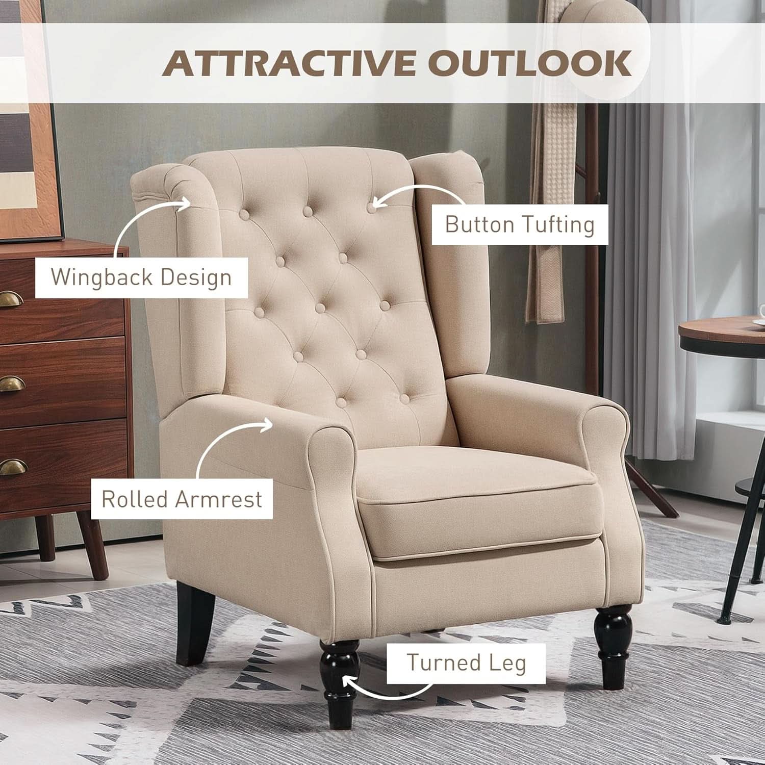 Beige Midcentury Button Tufted Wingback Upholstered Armchair