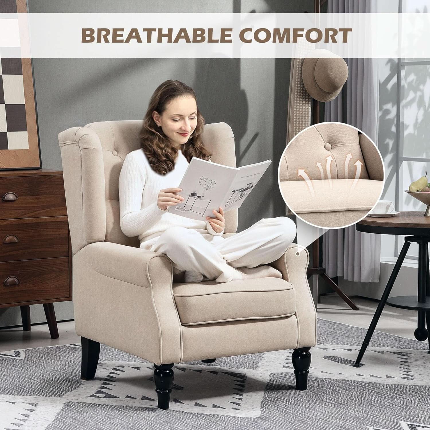 Beige Midcentury Button Tufted Wingback Upholstered Armchair