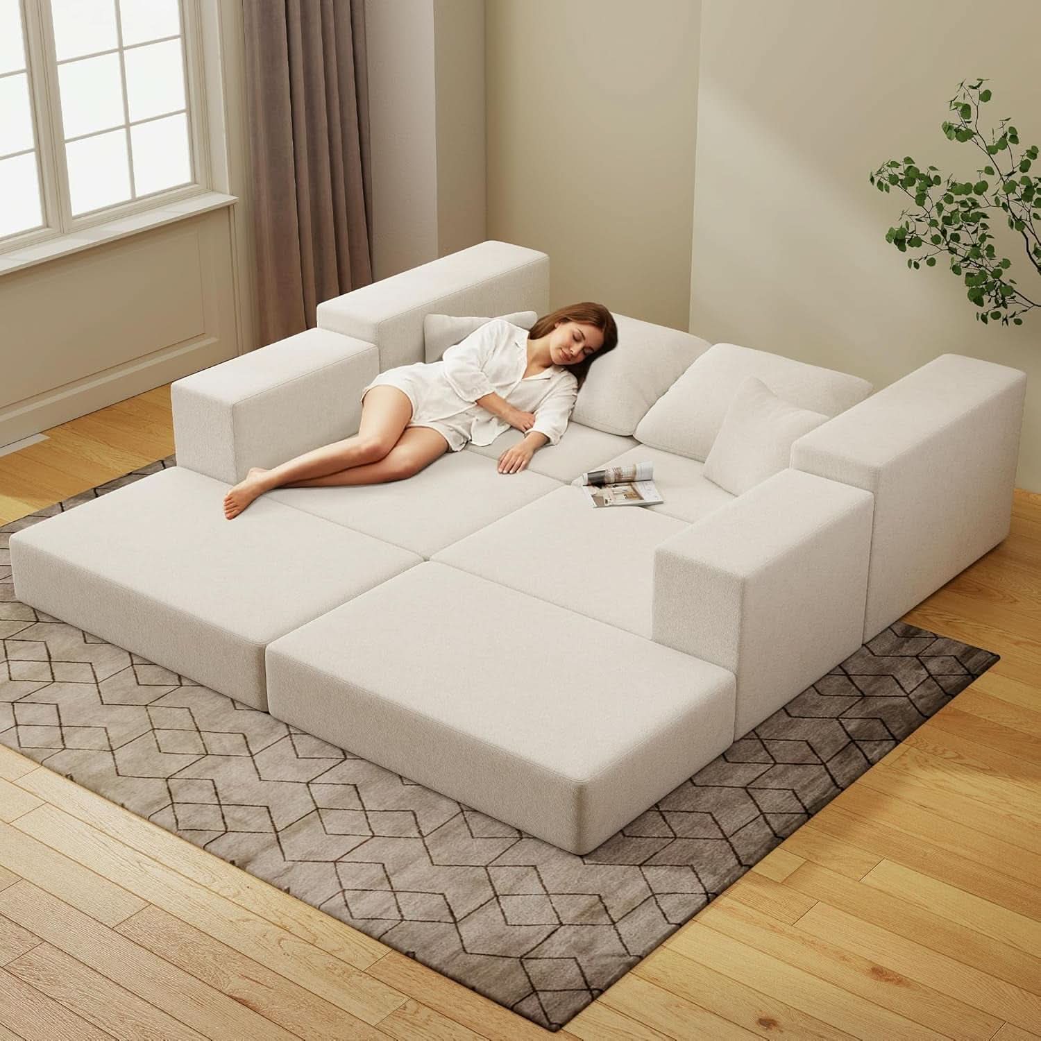 Beige Modular Sectional Sofa With Reversible Chaise