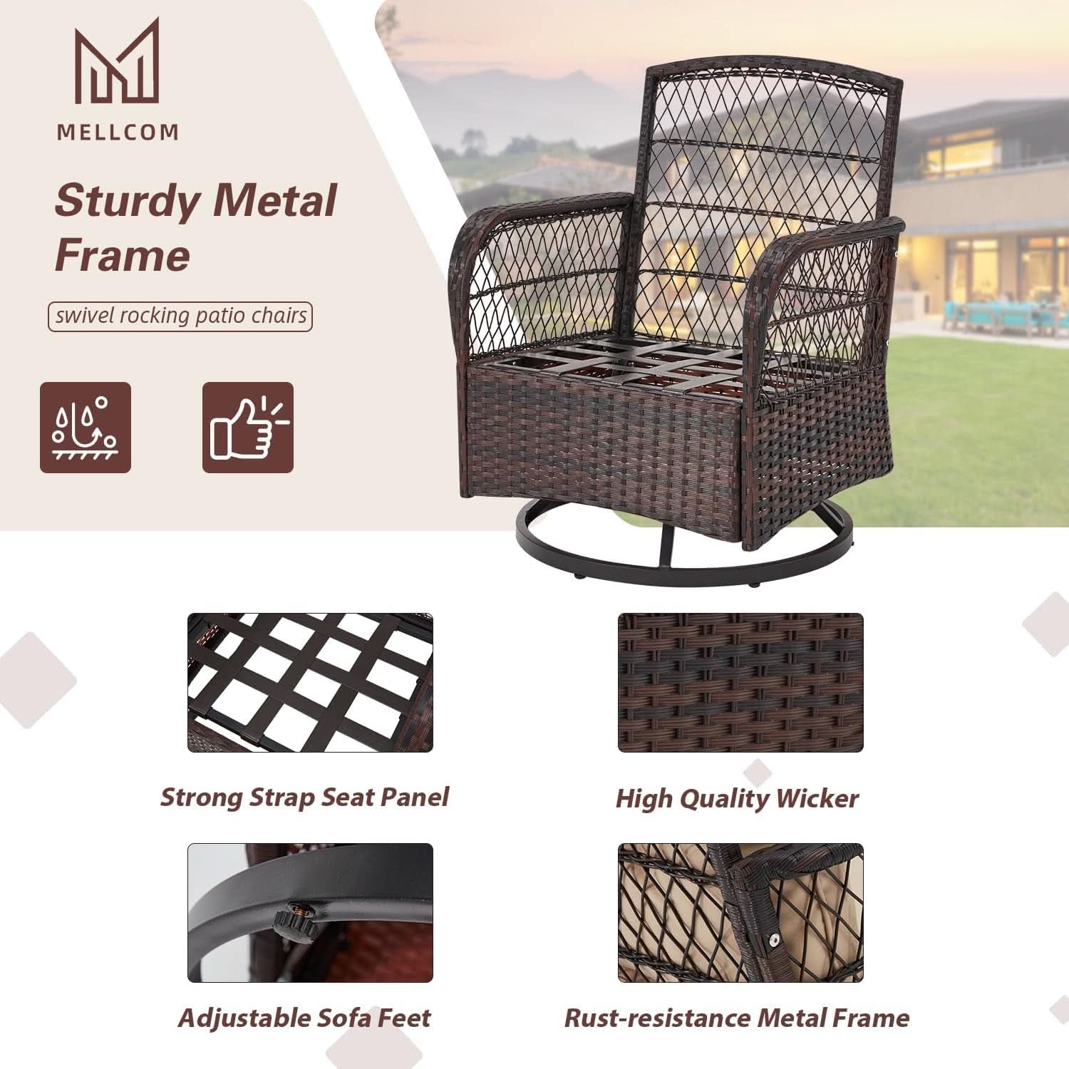 Beige Outdoor 3 Piece Patio Set With Swivel Rocker Chairs And Glass Table For Balcony Deck Garden