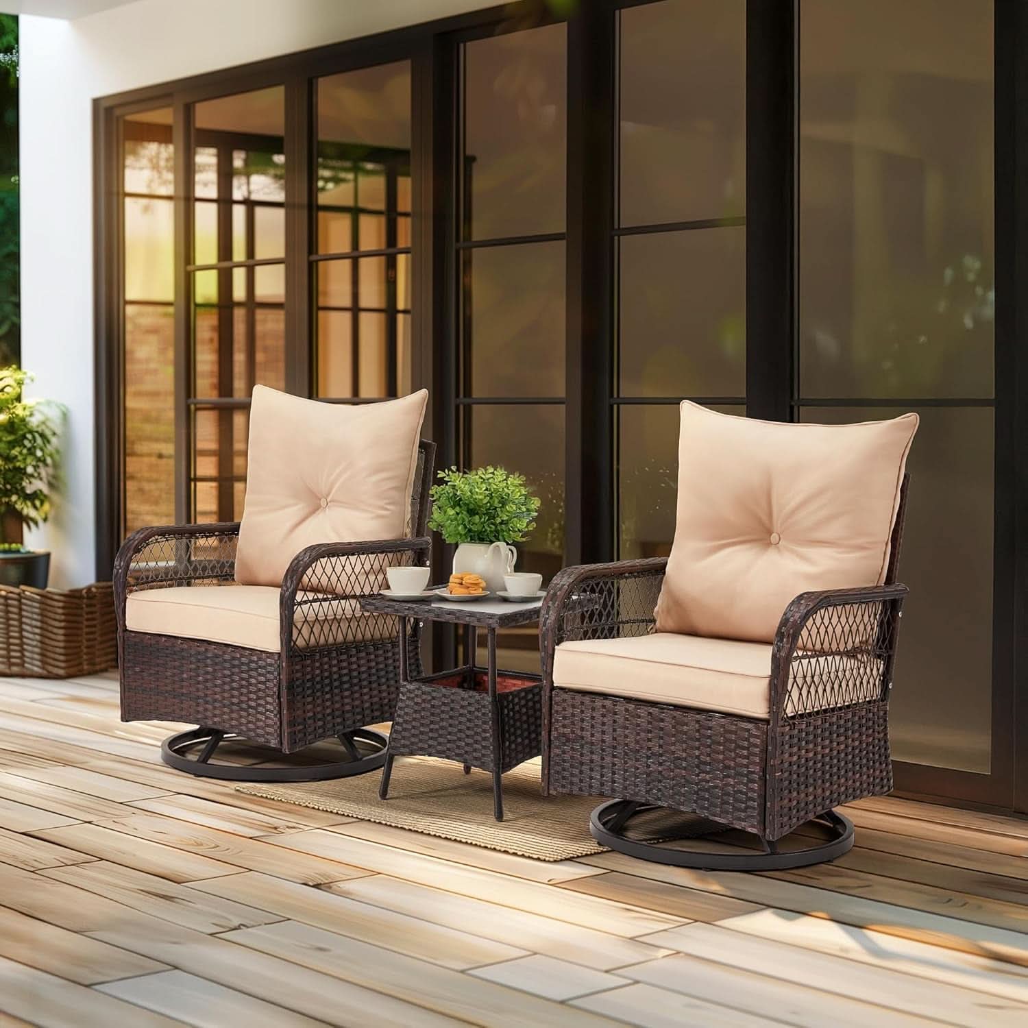 Beige Outdoor 3 Piece Patio Set With Swivel Rocker Chairs And Glass Table For Balcony Deck Garden