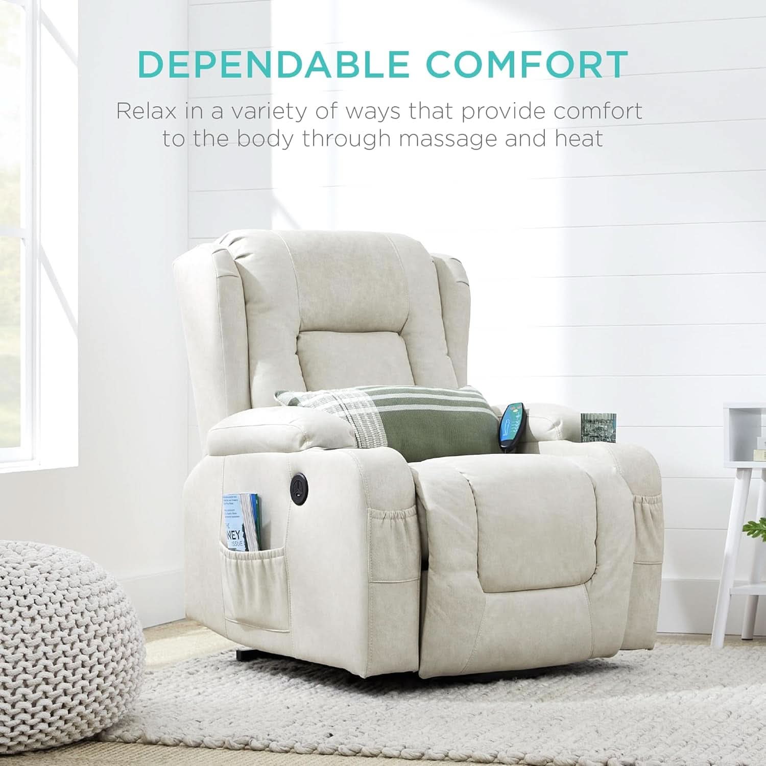 Beige PU Leather Power Lift Recliner With Massage And Heat