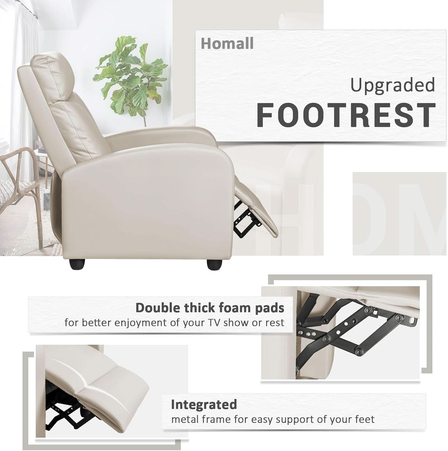 Beige PU Leather Recliner Chair With Lumbar Support And Adjustable Recline