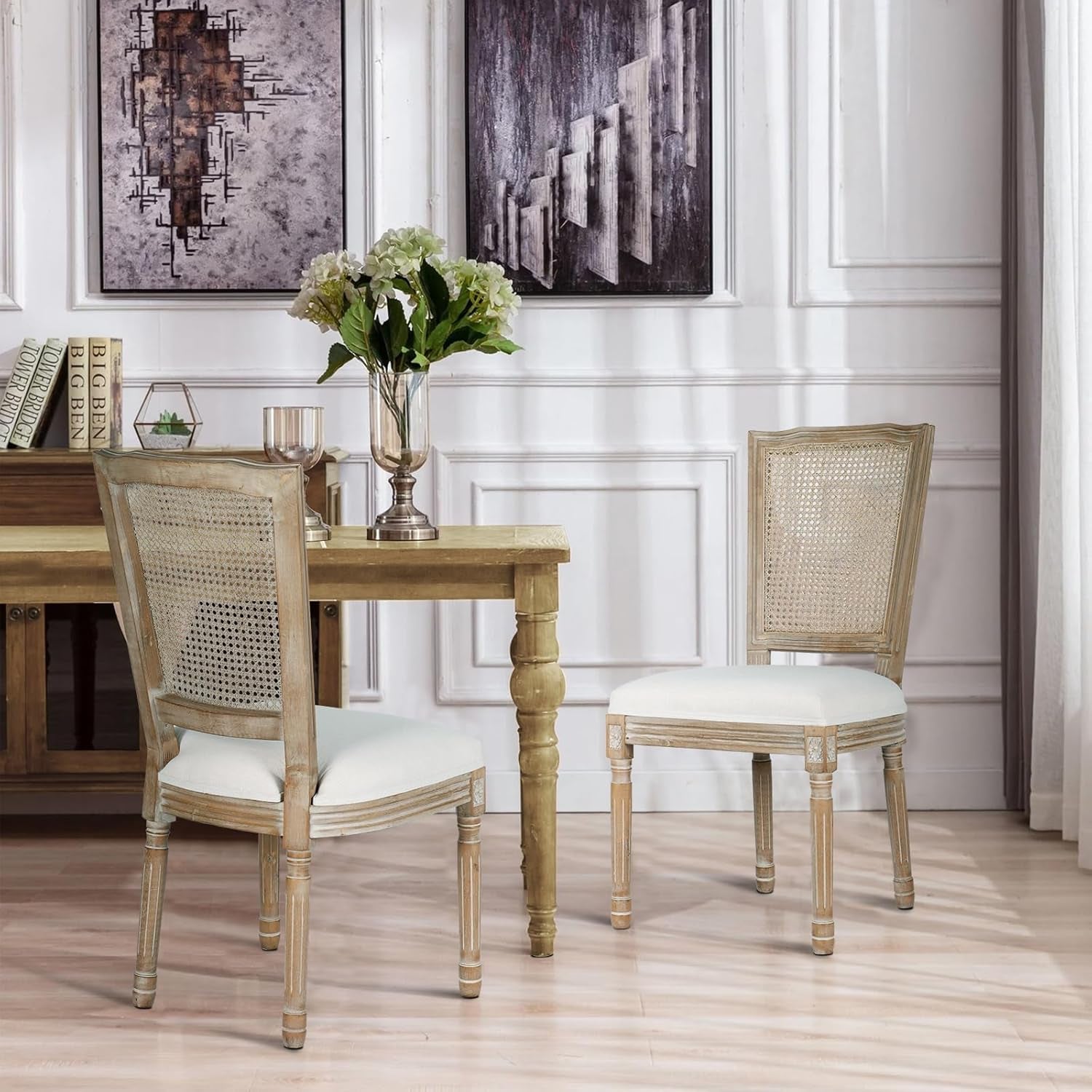 Beige Rattan Dining Chairs Set Of 2 With Solid Wood Legs