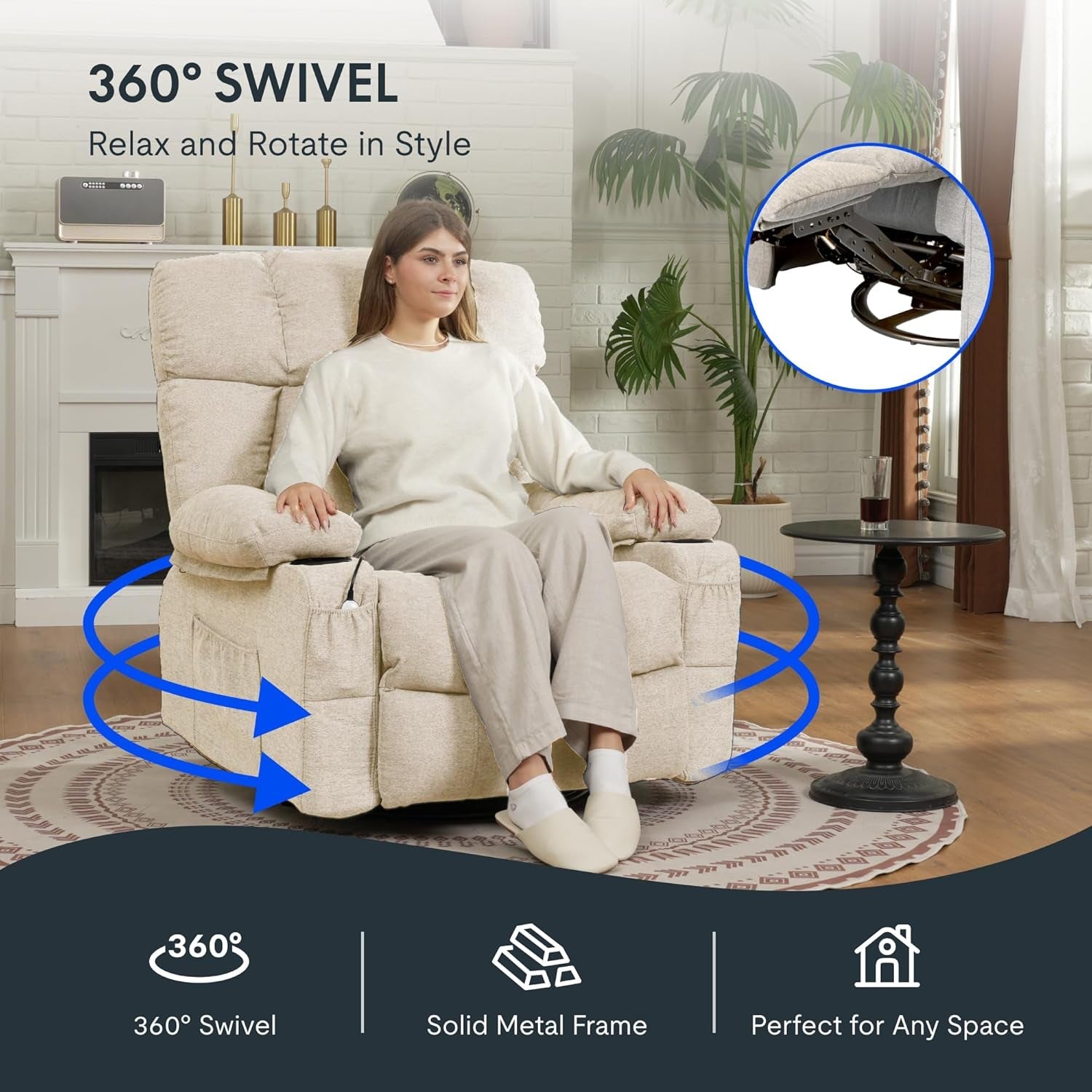 Beige Rocker Recliner Chair With Massage 360 Degree Swivel